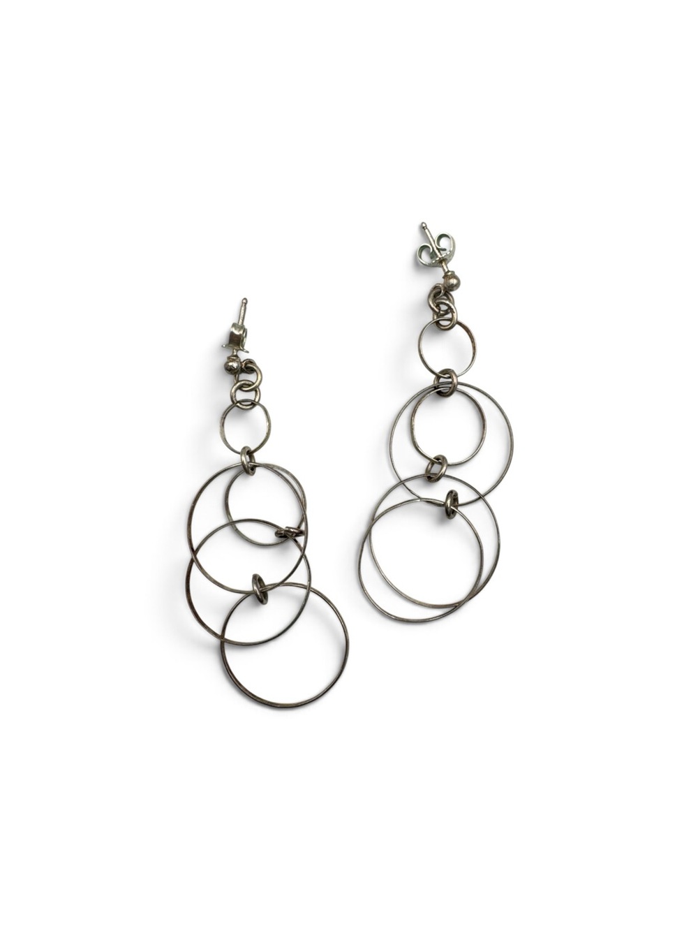 Vintage Sterling Silver Multi Circle Dangle Post Earrings Modernist 2.75”